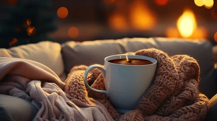 Foto op Plexiglas A mug of hot tea on a chair with a woolen blanket in a cozy living room with a fireplace. Cozy winter day. Ai generated © TrendyImages