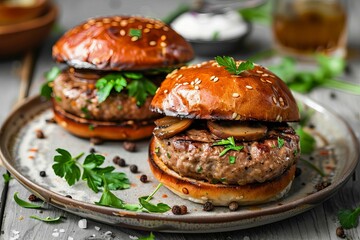 mouthwatering homemade beef and mushroom burgers food photography - obrazy, fototapety, plakaty
