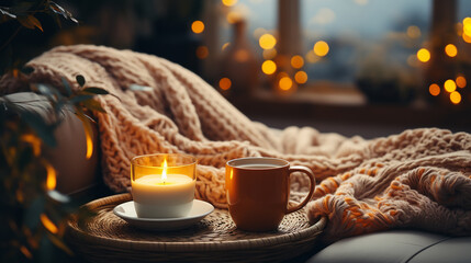 A mug of hot tea on a chair with a woolen blanket in a cozy living room with a fireplace. Cozy winter day. Ai generated