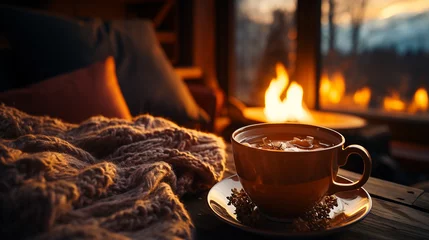 Foto auf Acrylglas A mug of hot tea on a chair with a woolen blanket in a cozy living room with a fireplace. Cozy winter day. Ai generated © TrendyImages
