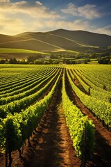Sweeping view of a sunlit vineyard, rows of grapevines stretching into the distance, ideal for...