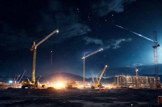 Building construction site with cranes and light flare at night time background. Concept of architecture and construction. Backdrop for industrial style. Copy space
