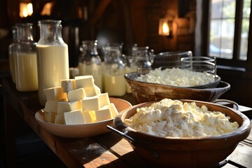 Freshly made white cheese in bowls and milk in bottles.