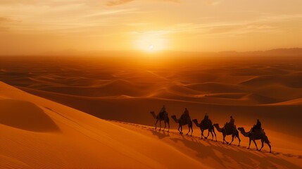 Fototapeta na wymiar Lovely desert sunset with camel silhouettes on the sand dunes