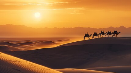 Fototapeta na wymiar Lovely desert sunset with camel silhouettes on the sand dunes