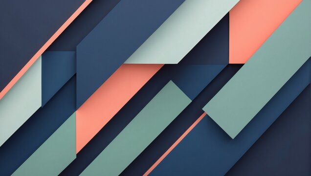 Abstract geometric composition with dynamic diagonal lines and minimalist background, offering a variety of navy blue, coral, and sage green hues.