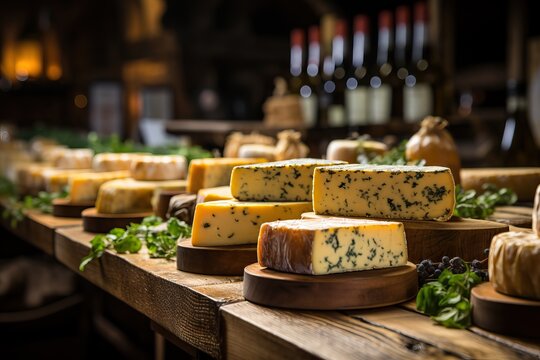 Cheese with mold on supermarket shelves.