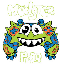 Monster gamepad illustration. Cartoon joystick print. Game pad print. Dragon gamepad print with smiling and horn, text Play and win
