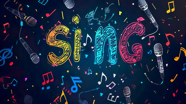 Sing word text inscription on a background with microphone and notes. Music voice sound sing song recording concept.