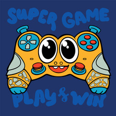 Monster gamepad illustration. Cartoon joystick print. Game pad print. Funny gamepad print with smiling and horn, text Play and win