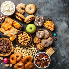 A variety of sweet and salty snacks are arranged on a dark background - obrazy, fototapety, plakaty