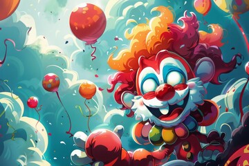 Fototapeta na wymiar Vibrant cartoon illustration of a joyful clown surrounded by balloons, capturing a festive and fun-filled atmosphere