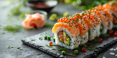 Sushi Time Luxury Salmon Rolls with Roe A Delicious Indulgence, Copy Space