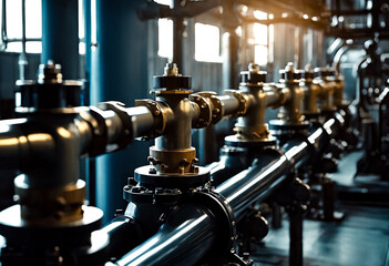 Closing valve on water pump station is pipeline with tanks in an technical room for supply of high-pressure aqua. Water sprinkler pipes and pressure control industrial system. Copy text space - obrazy, fototapety, plakaty