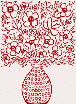 Hand drawing flowers in vase. Valentine's Day colors.