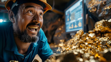 Excited gold miner extracting gold on computer in workroom. Perfect for illustrating enthusiasm in mining industry. - obrazy, fototapety, plakaty
