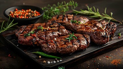 Sizzling Steak Delight with Fresh Herbs and Spices. Concept Steak Recipes, Cooking Techniques, Herbs and Spices, Flavorful Dishes, Grilling Tips - obrazy, fototapety, plakaty