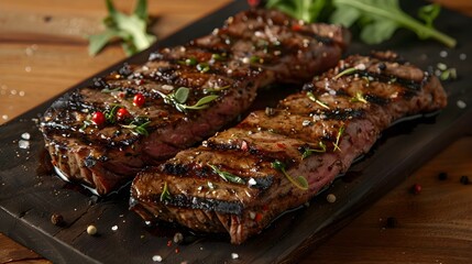 Succulent Steaks with Herbs and Spices on Wooden Plank. Concept Grilling Techniques, Flavorful Seasonings, Cooking Tips, Food Presentation, BBQ Recipes