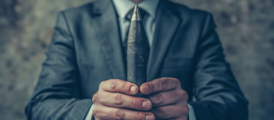Ominous Image of Politician Gripping a Missile Warhead - obrazy, fototapety, plakaty