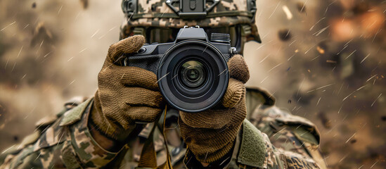Soldier in Camouflage Holding Camera in Combat Zone
