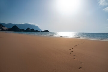 perfect deserted beach and footprints in the sand.