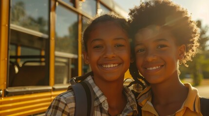 Happy African American Schoolchildren Smiling in Front of Yellow School Bus on Sunny Day. Education and learning in school. Generative ai