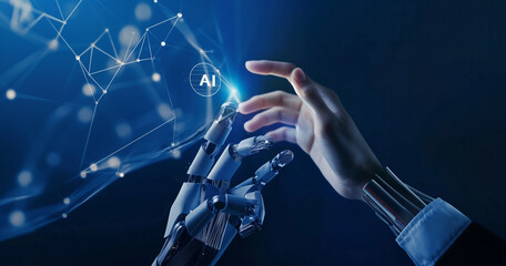 Artificial Intelligence and Human Touch: AI, Machine Learning, Robot and Human Hands Touching, Big Data Network, Artificial Intelligence Technology, Innovation, Futuristic