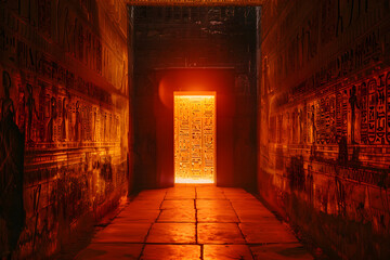 Scene of a hallway leading to blazing walls covered in Egyptian hieroglyphs at the Temple of Edfu in Aswan, Egypt. - obrazy, fototapety, plakaty