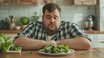 Fototapeta premium Unhappy Man Frowning at Healthy Salad Meal in Kitchen. Concept of negative consequences of a strict diet. Generative ai