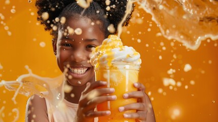 A joyful girl holding a splashy orange beverage topped with whipped cream