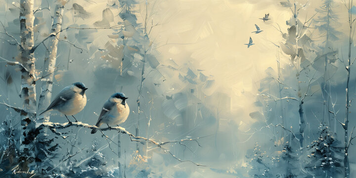 A painting of several birds perched on the branches and trunk Generative AI
