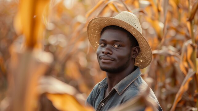 Young African American Man in Straw Hat in Cornfield at Sunset. Suitable for agricultural concepts. Generative ai