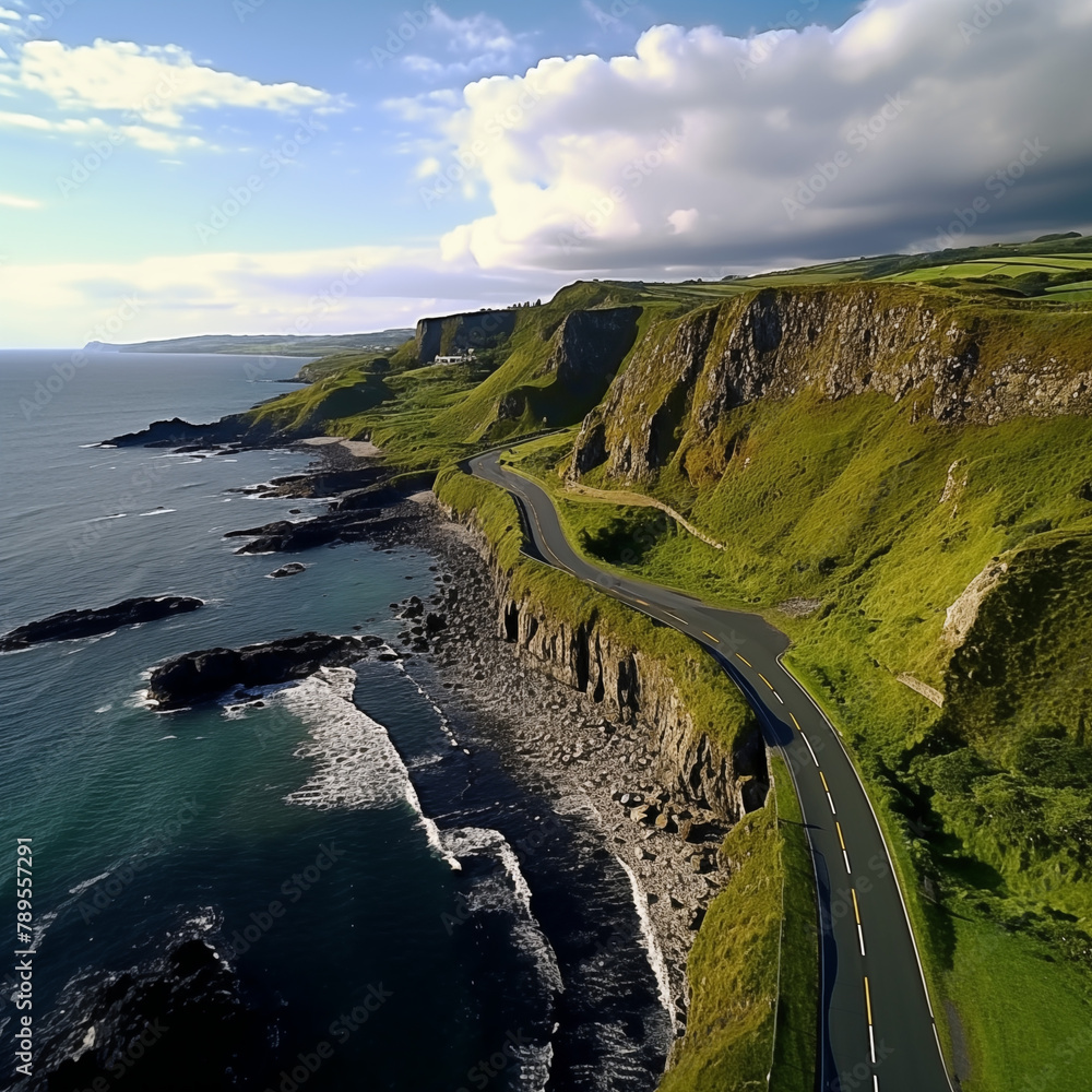 Poster Causeway Coastal Route in Northern Ireland, UK. Aerial clip 