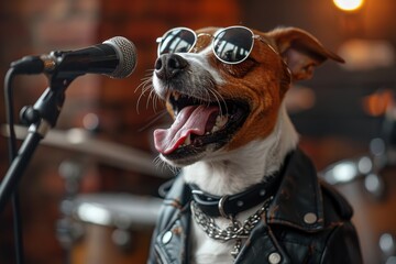 A dog dressed in rocker attire with sunglasses and a chain poses with a microphone, suggesting it...