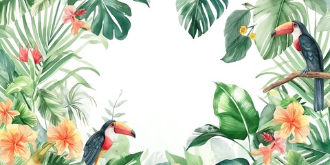 A vibrant watercolor painting depicting lush tropical plants and colorful birds in a stunning jungle landscape. - obrazy, fototapety, plakaty