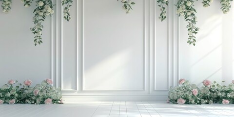 A tranquil white room adorned with a beautiful display of vibrant flowers blooming on the wall.