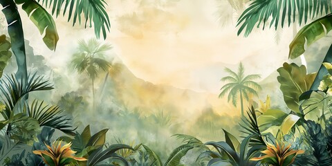 A vibrant painting of a jungle scene, with lush palm trees and tropical foliage creating a serene and exotic atmosphere.