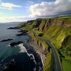 Causeway Coastal Route in Northern Ireland, UK. Aerial clip 