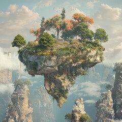 Generate a surreal landscape image featuring floating islands, upside-down mountains, and unconventional flora. Include a dreamlike quality, pushing the boundaries of reality. Conjure a scene