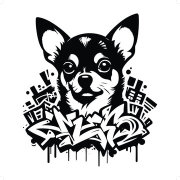 chihuahua dog silhouette, animal graffiti tag, hip hop, street art typography illustration.