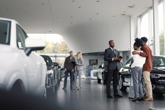 Elegant car dealers showcases vehicles customer