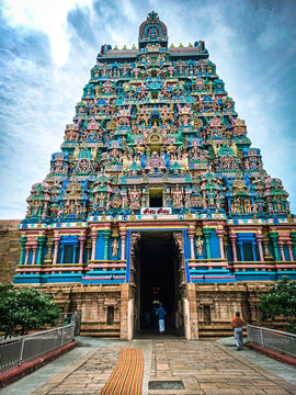 Beautiful view of colorful gopura in the Hindu jumbukeshwarar Temple,thiruvanaikaval,Tamil Nadu, South India.most popular sivan temple