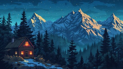 Craft a digital pixel art scene showcasing a cozy cabin nestled among towering pine trees, with a soft glow emanating from its windows against a backdrop of snow-capped peaks - obrazy, fototapety, plakaty