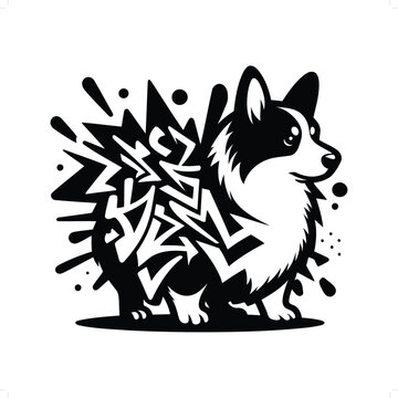 Corgi dog silhouette, animal graffiti tag, hip hop, street art typography illustration.