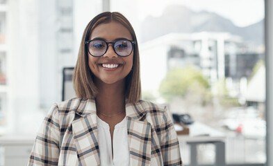 Portrait, smile and creative woman worker in office happy and ready to start working day....