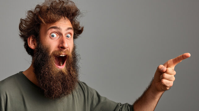 A man with a beard is pointing to the right side of the image with a surprised expression on his face.


