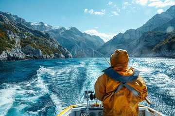 A lone fisherman in a yellow jacket fishes off the stern of a small boat in a vast mountainous lake under a clear sky - Powered by Adobe
