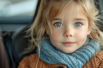 A captivating young girl with expressive blue eyes and a blue scarf looks directly at the camera