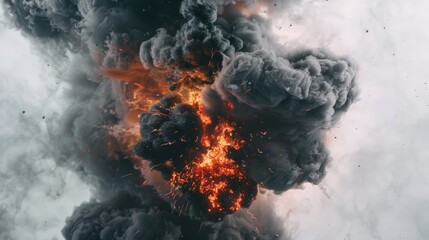 Witness the intensity of a large fireball engulfed in billowing black smoke in this mesmerizing image - obrazy, fototapety, plakaty