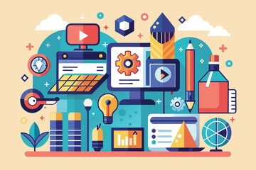 Flat Design Illustration of Digital Creativity, Web Development, and Graphic Design Tools